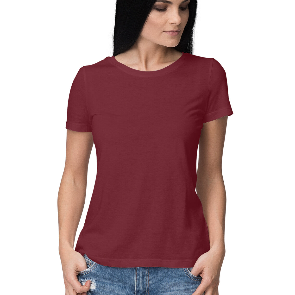 Women's Round Neck Solid Color Tee Shirt - Red